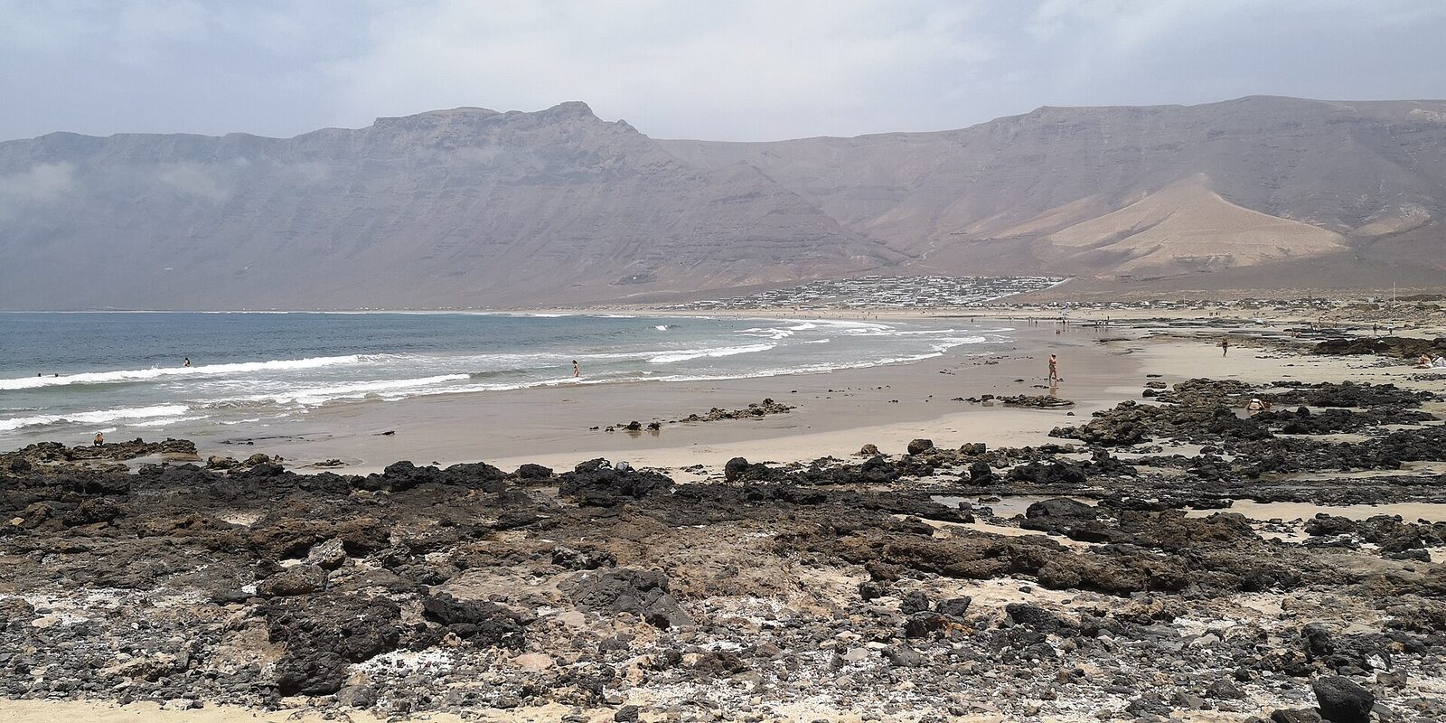Famara bay with the village of Caleta de Famara and the Risco de Famara cliffs behind