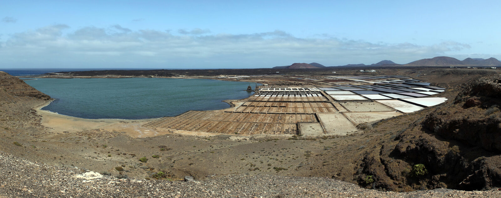 Salinas de Janubio salt pans on the southwest coast of Lanzarote with red and white evaporation pools