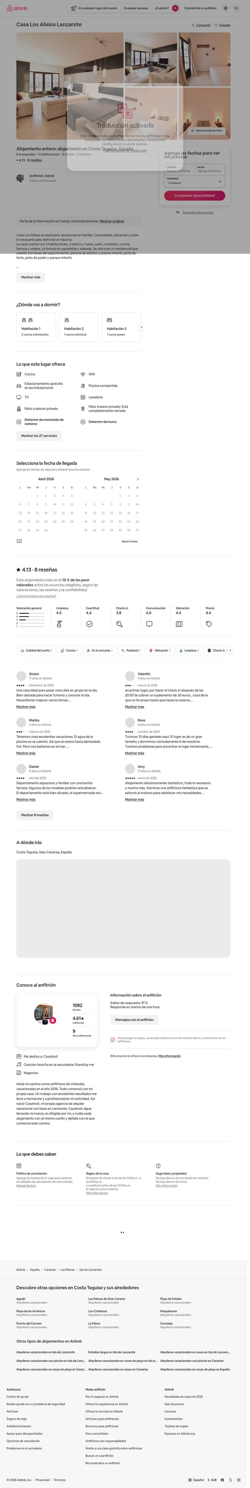 Screenshot of the original Casa Los Alisios Airbnb listing page showing 4.13/5 rating